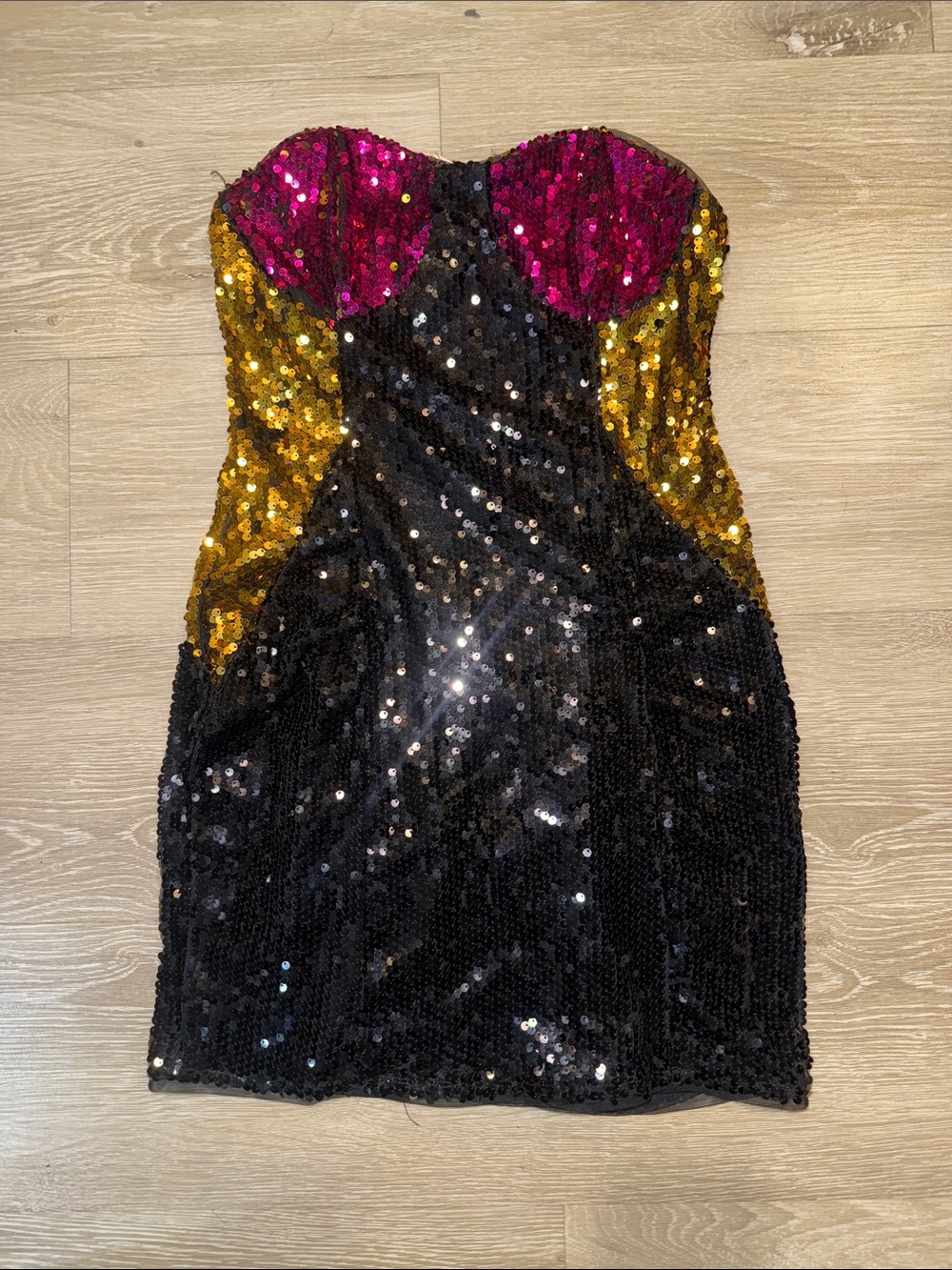 ASOS Strapless Sequin Mini Dress in Black, Gold & Fuchsia
